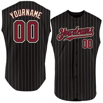 Custom Personalized Black Cream Pinstripe Baseball Jersey with Crimson Accents, Sleeveless - Custom Name & Number Personalized