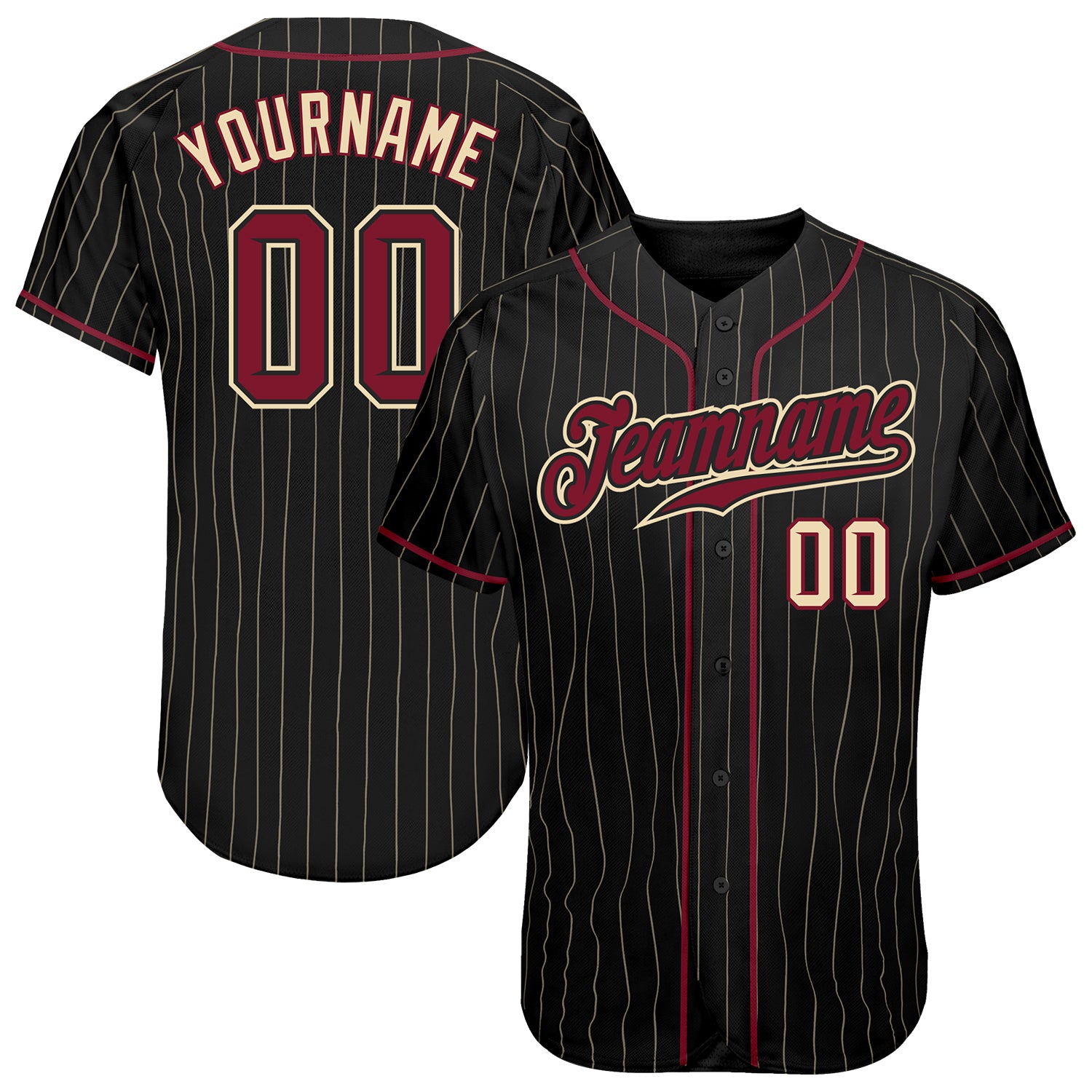 Personalized Black Pinstripe Baseball Jersey with Crimson Cream Details Personalized Black Cream Pinstripe Crimson-Cream