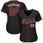 Personalized Black Pinstripe Baseball Jersey with Crimson Cream Details Personalized Black Cream Pinstripe Crimson-Cream