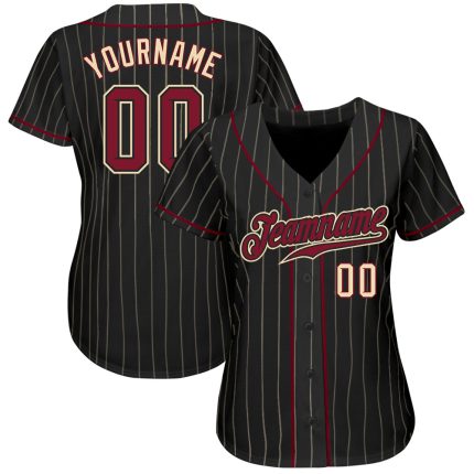 Personalized Black Pinstripe Baseball Jersey with Crimson Cream Details Personalized Black Cream Pinstripe Crimson-Cream