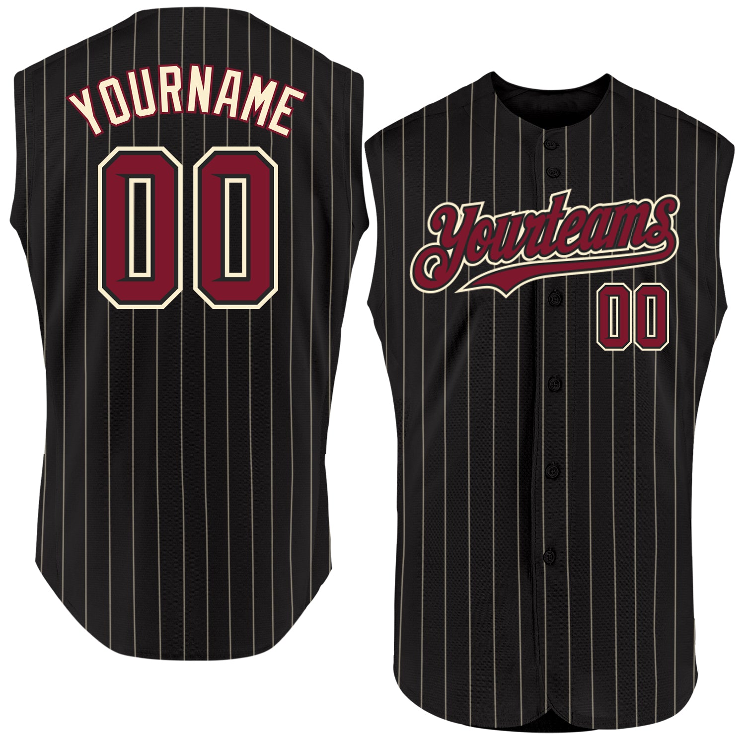 Personalized Black Crimson Pinstripe Sleeveless Baseball Jersey for Men Personalized Black Cream Pinstripe Crimson Sleeveless