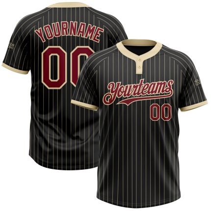 Personalized Unisex Softball Jersey - Black Cream Pinstripe Two-Button in Crimson Personalized Black Cream Pinstripe Crimson