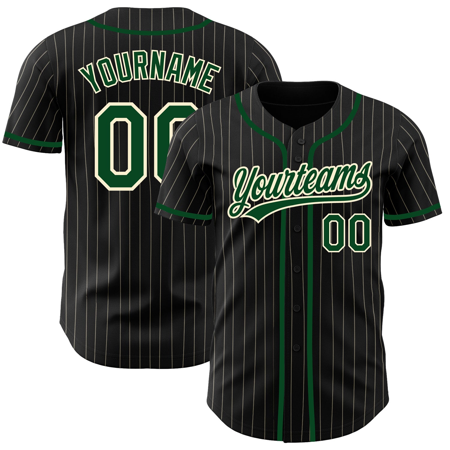 Custom Green Black Cream Pinstripe Baseball Jersey with Personalized Name and Number Personalized Black Cream Pinstripe Green