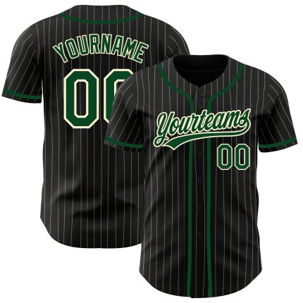 Personalized Black Green Baseball Jersey with Cream Pinstripes Personalized Black Cream Pinstripe Green Baseball Jersey