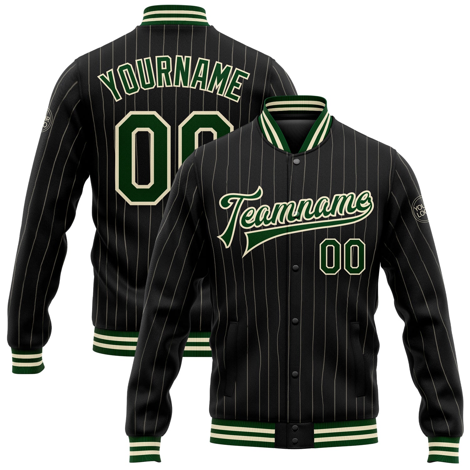 Custom Name and Number Black Cream Green Varsity Letterman Bomber Jacket - Personalized Full-Snap Pinstripe Design Personalized