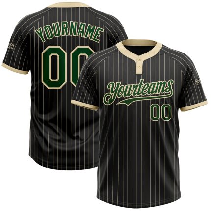 Personalized Unisex Softball Jersey - Black Cream Pinstripe Two-Button Green Design Personalized Black Cream Pinstripe Green