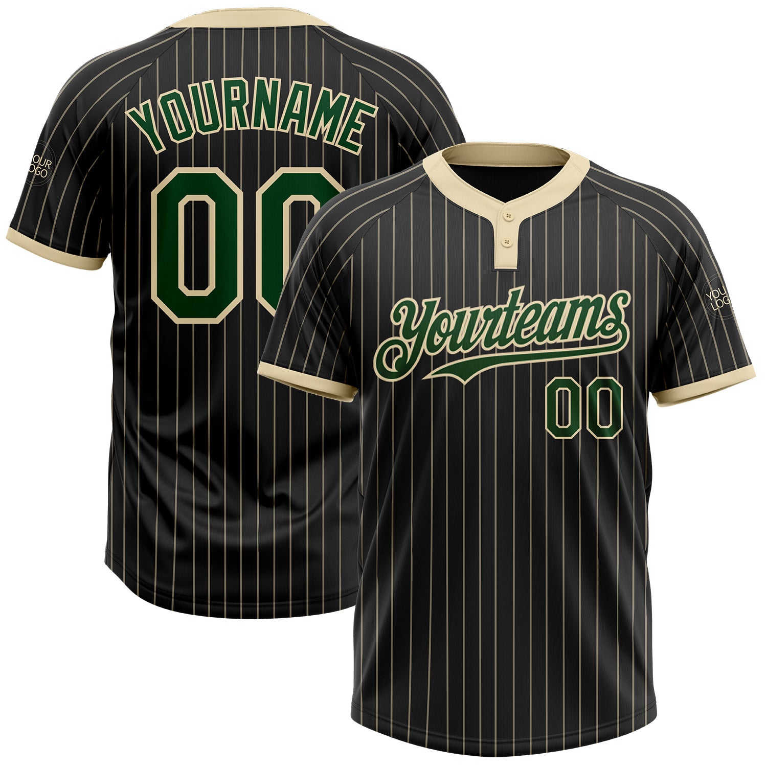 Custom Name and Number Unisex Softball Jersey - Personalized Black Cream Pinstripe Green Two-Button Design Personalized Black