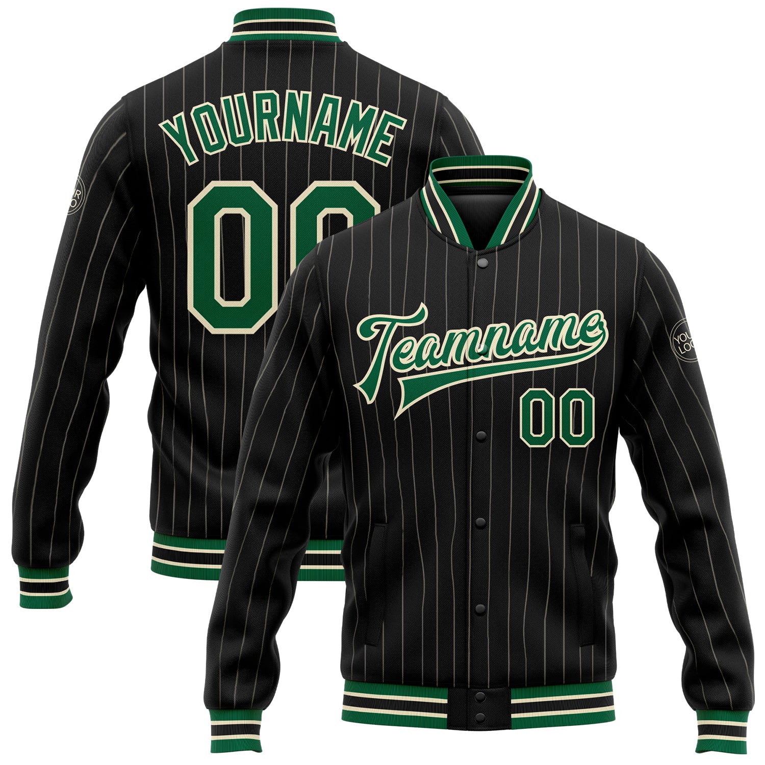 Custom Name Number Varsity Letterman Jacket Black Cream Kelly Green Pinstripe Bomber Full-Snap for Team Personalized Personalized