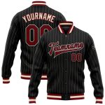 Personalized Maroon Bomber Varsity Letterman Jacket Black Cream Pinstripe Full-Snap Personalized Black Cream Pinstripe Maroon