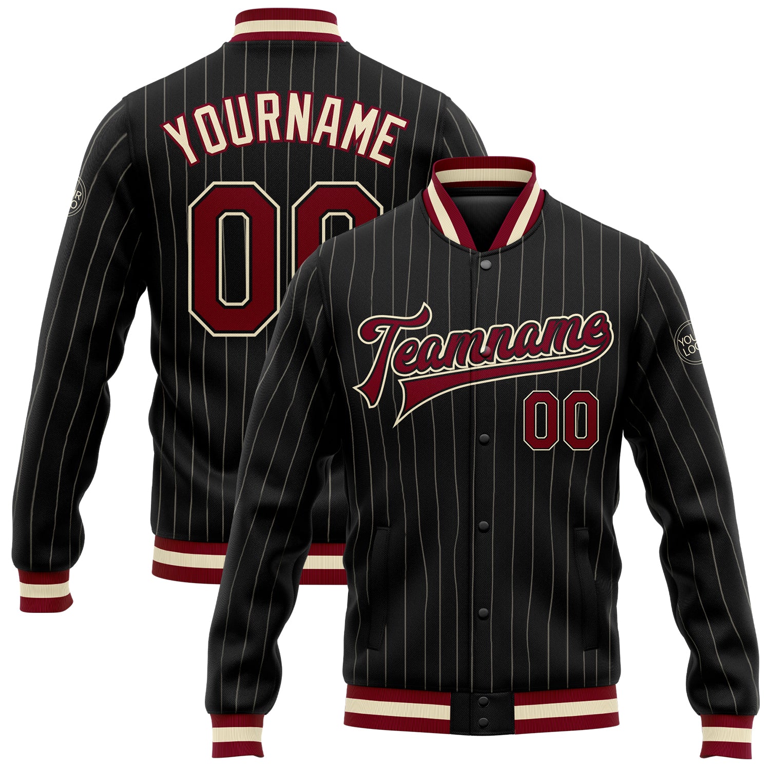 Custom Name and Number Black Cream Maroon Pinstripe Bomber Varsity Letterman Jacket - Personalized Full-Snap Team Jacket