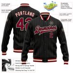 Custom Name and Number Black Cream Maroon Pinstripe Bomber Varsity Letterman Jacket - Personalized Full-Snap Team Jacket