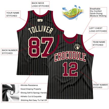 Custom Name Number Black Cream Pinstripe Maroon Basketball Jersey Personalized Authentic Team Gear Personalized Black Cream