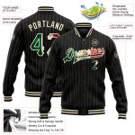 Personalized Vintage Mexican Flag Bomber Jacket Black Cream Pinstripe Full-Snap Varsity Letterman Personalized Black Cream