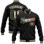 Personalized Vintage Mexican Flag Bomber Jacket Black Cream Pinstripe Full-Snap Varsity Letterman Personalized Black Cream