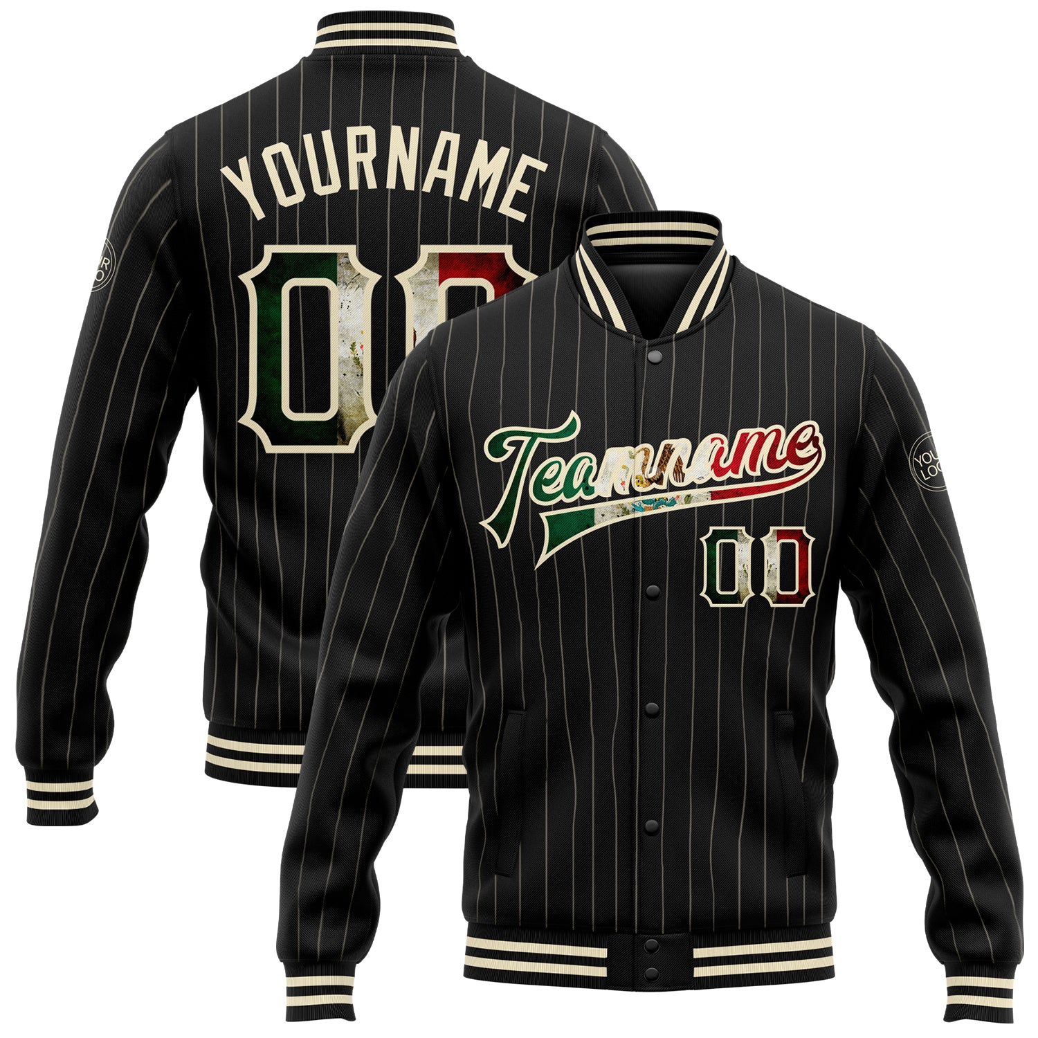 Custom Mexican Flag Vintage Black Cream Pinstripe Varsity Letterman Jacket with Personalized Name and Number Personalized