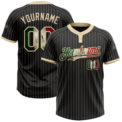 Personalized Vintage Mexican Flag Black Cream Pinstripe Two-Button Unisex Softball Jersey Personalized Black Cream Pinstripe