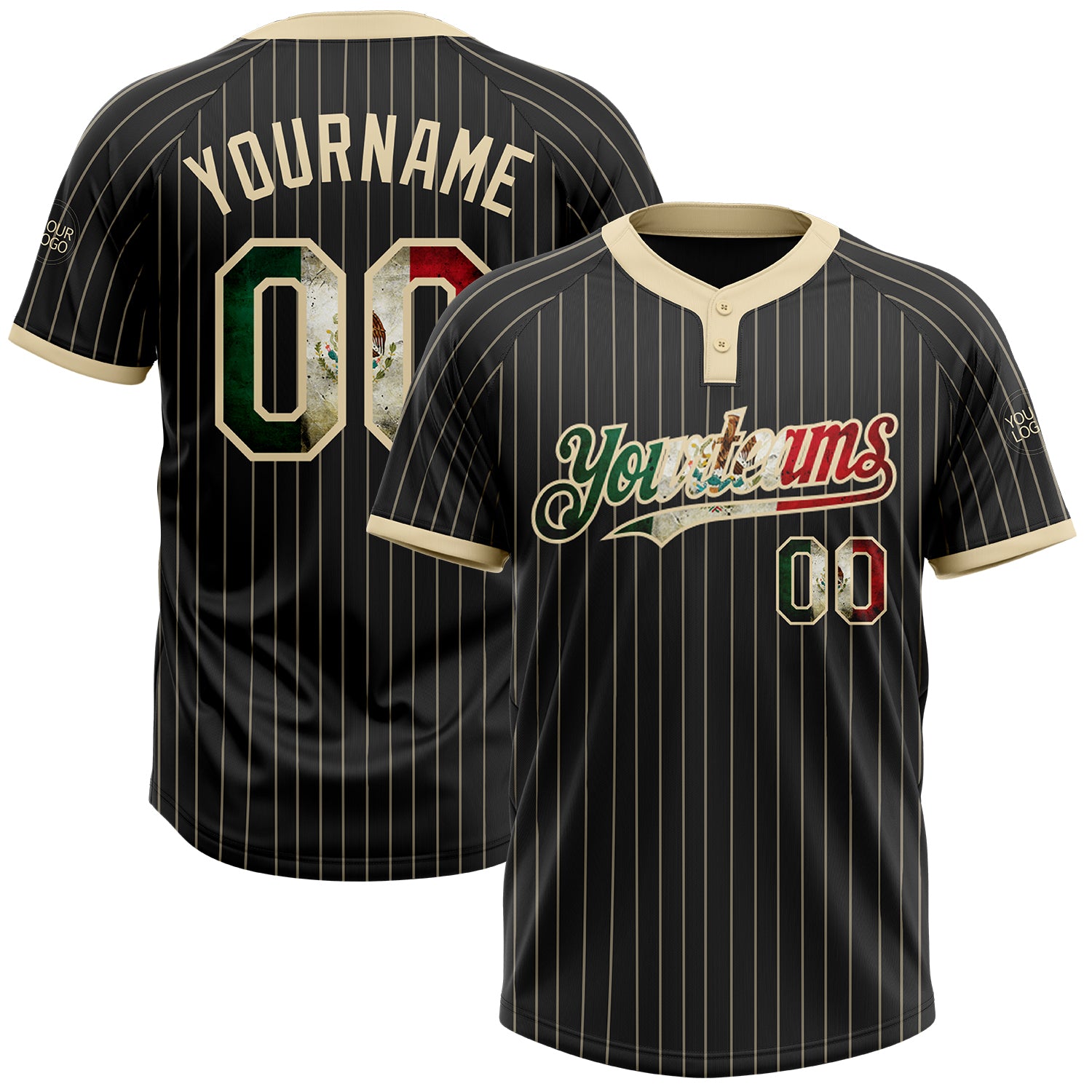 Custom Name and Number Vintage Mexican Flag Softball Jersey Unisex Black Cream Pinstripe Two-Button Personalized Black Cream