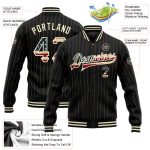 Custom Name and Number Vintage Black Cream Pinstripe USA Flag Bomber Varsity Letterman Jacket Personalized Black Cream Pinstripe