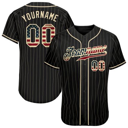 Personalized Vintage USA Flag Baseball Jersey in Black Cream Pinstripe Personalized Black Cream Pinstripe Vintage USA Flag-Cream