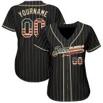 Personalized Vintage USA Flag Baseball Jersey in Black Cream Pinstripe Personalized Black Cream Pinstripe Vintage USA Flag-Cream