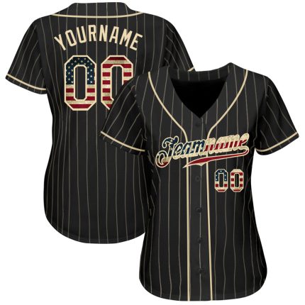 Personalized Vintage USA Flag Baseball Jersey in Black Cream Pinstripe Personalized Black Cream Pinstripe Vintage USA Flag-Cream