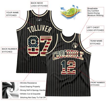 Personalized Vintage USA Flag Basketball Jersey - Black Cream Pinstripe Personalized Black Cream Pinstripe Vintage USA Flag-Cream