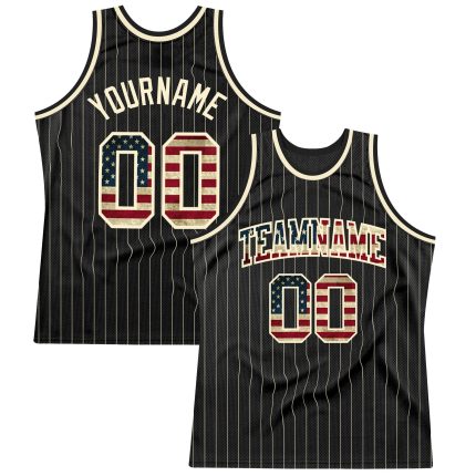 Personalized Vintage USA Flag Basketball Jersey - Black Cream Pinstripe Personalized Black Cream Pinstripe Vintage USA Flag-Cream