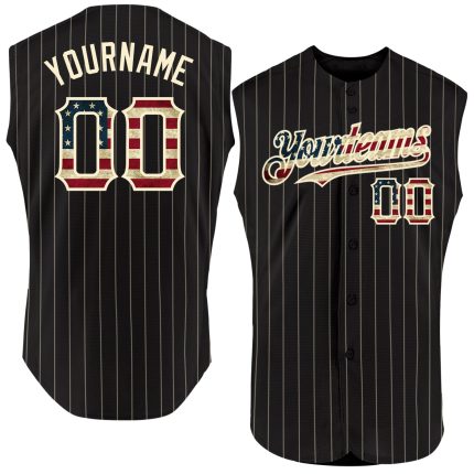 Personalized Vintage Black Cream Pinstripe USA Flag Sleeveless Baseball Jersey Personalized Black Cream Pinstripe Vintage