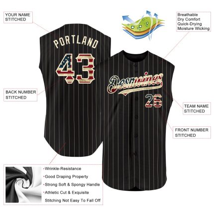 Personalized Vintage Black Cream Pinstripe USA Flag Sleeveless Baseball Jersey Personalized Black Cream Pinstripe Vintage