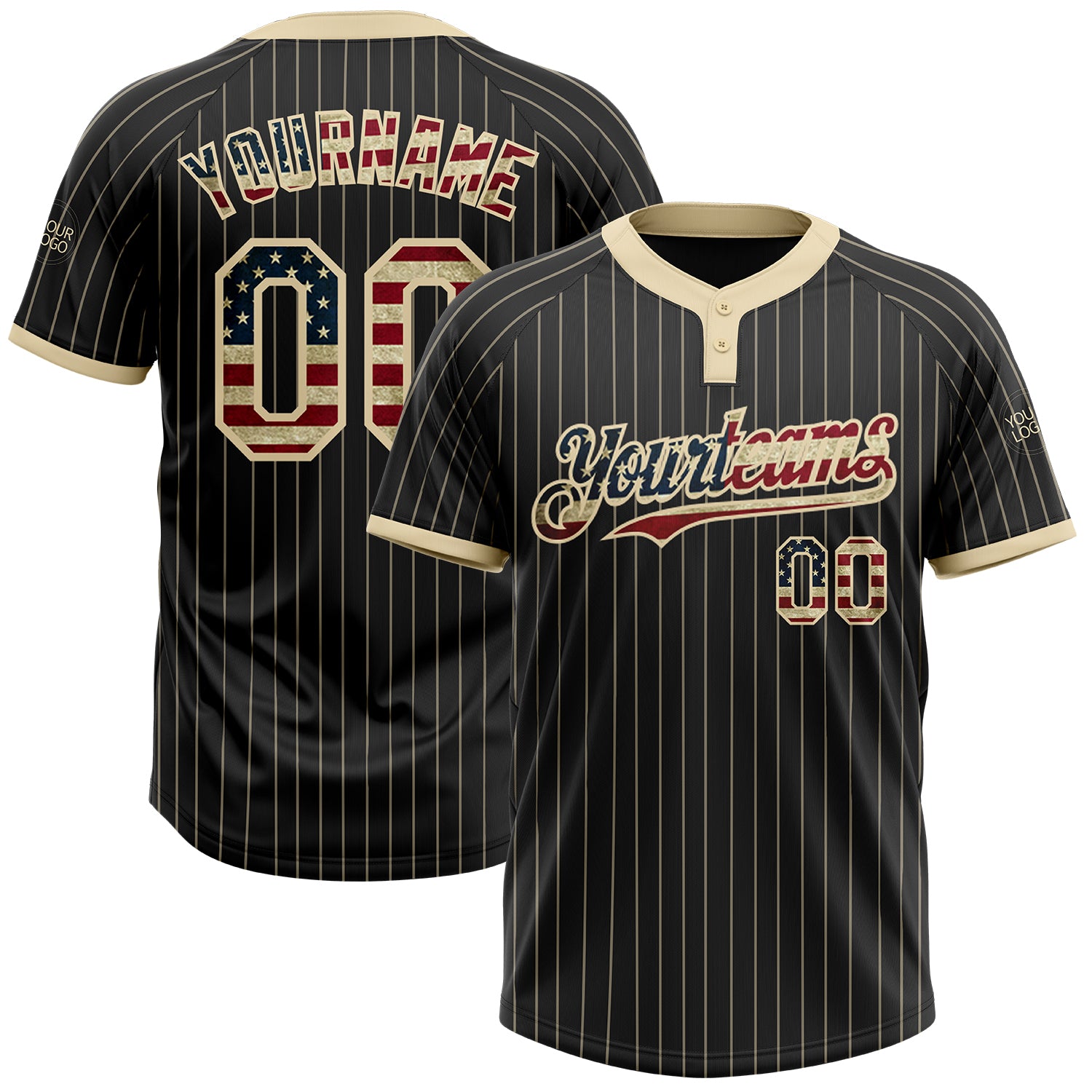 Custom Vintage USA Flag Black Cream Pinstripe Softball Jersey Unisex with Personalized Name and Number Personalized Black