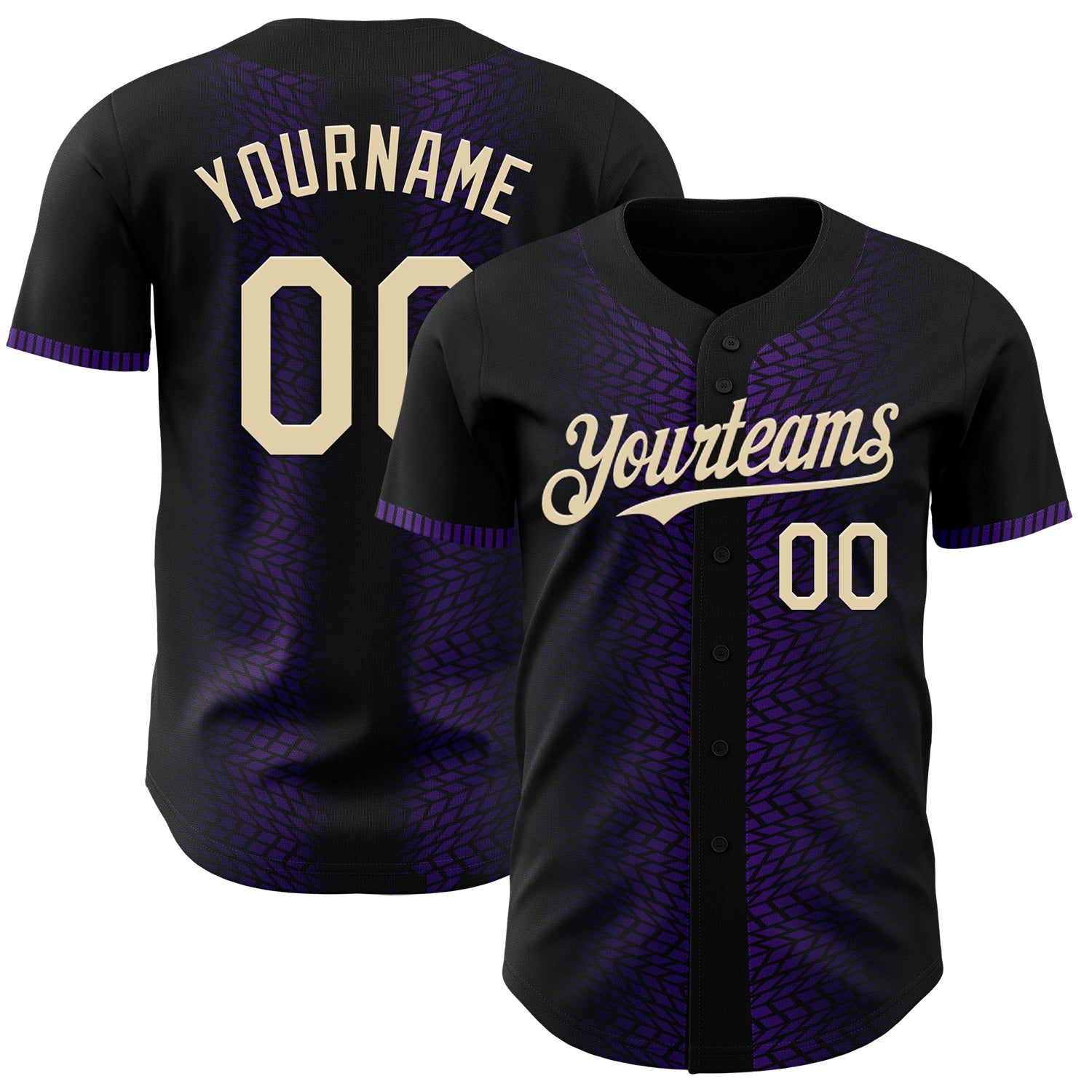 Custom Name and Number Authentic 3D Pattern Geometric Shapes Baseball Jersey in Black Cream-Purple Personalized Black Cream-Purple