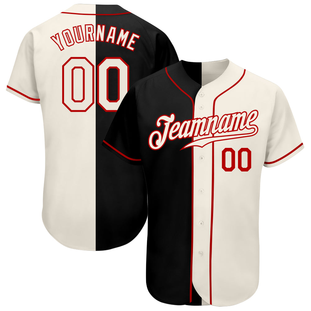 Custom Name and Number Black Cream-Red Split Fashion Baseball Jersey - Personalized Team Apparel Personalized Black Cream-Red