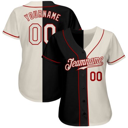 Custom Name and Number Black Cream-Red Split Fashion Baseball Jersey - Personalized Team Apparel Personalized Black Cream-Red