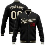 Personalized Varsity Letterman Jacket - Black Cream-Red Full-Snap Bomber Personalized Black Cream-Red Bomber Full-Snap Varsity