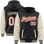Custom Name Number Black Red Two Tone Bomber Hoodie Jacket Varsity Letterman Full-Snap Personalized Black Cream-Red Bomber