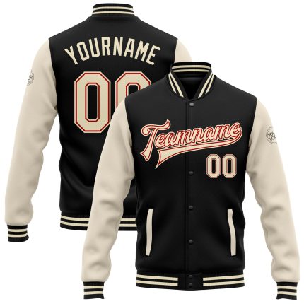 Personalized Varsity Letterman Jacket Cream-Red Two Tone Black Full-Snap Bomber Personalized Black Cream-Red Bomber Full-Snap