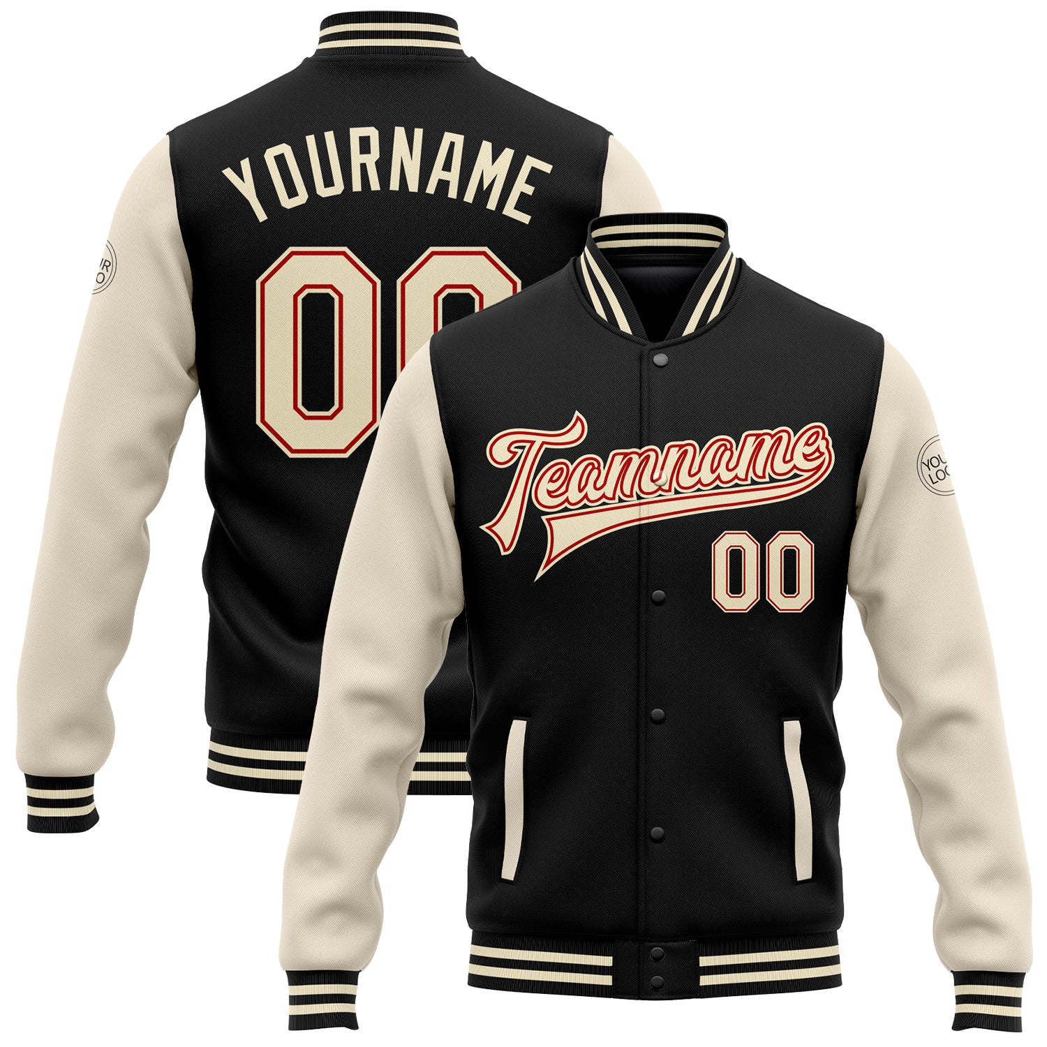 Custom Team Name & Number Varsity Letterman Bomber Jacket Black Red Cream Full-Snap Two Tone Personalized Black Cream-Red