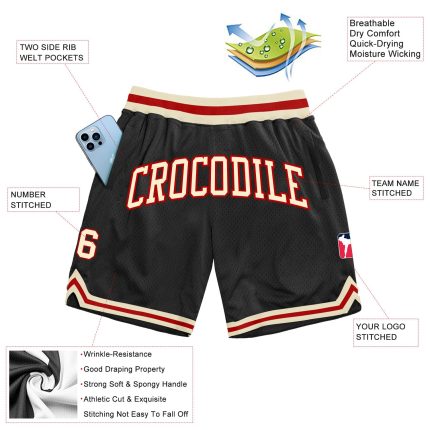 Personalized Cream-Red Black Throwback Basketball Shorts for Men Personalized Black Cream-Red Throwback Basketball Shorts