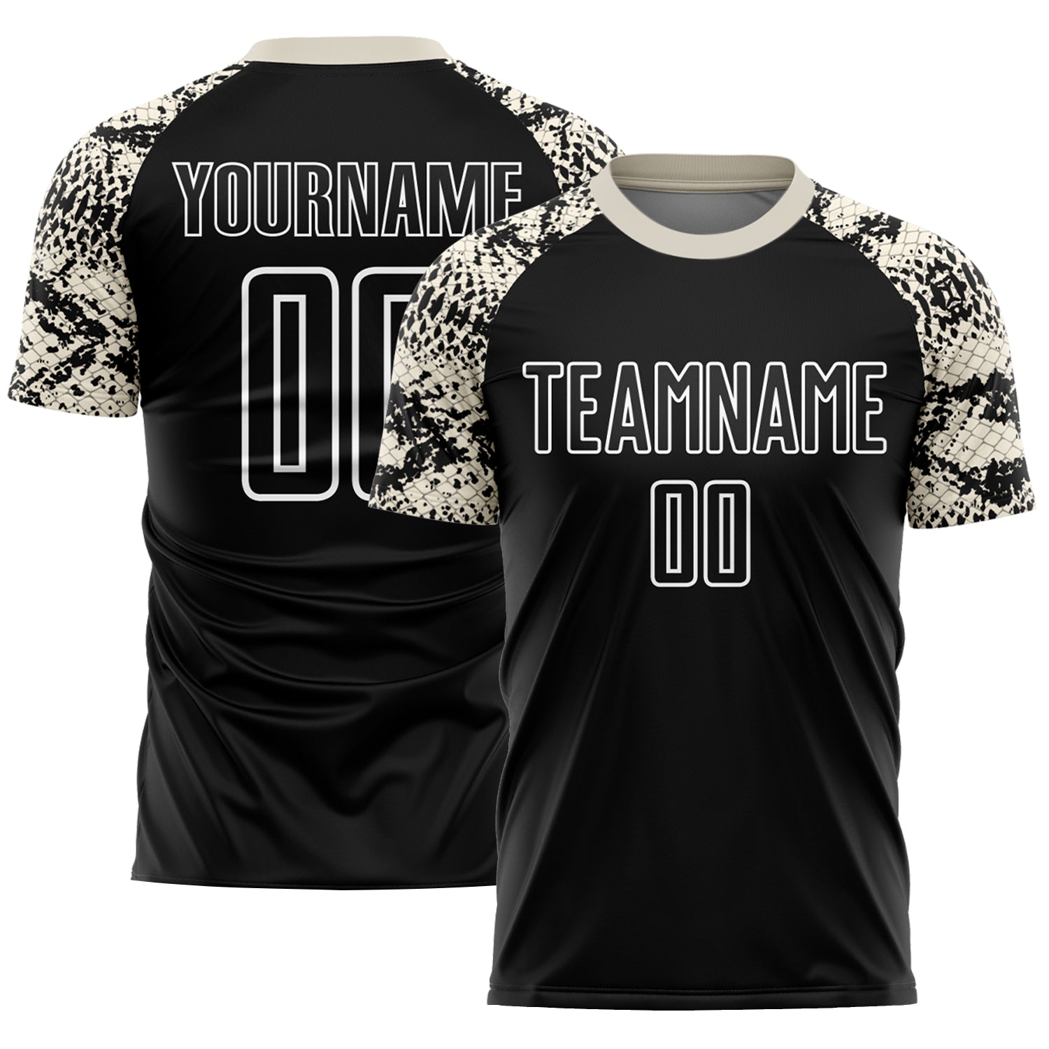 Custom Snake Skin Soccer Jersey with Personalized Name and Number - Black Cream-White Design Personalized Black Cream-White