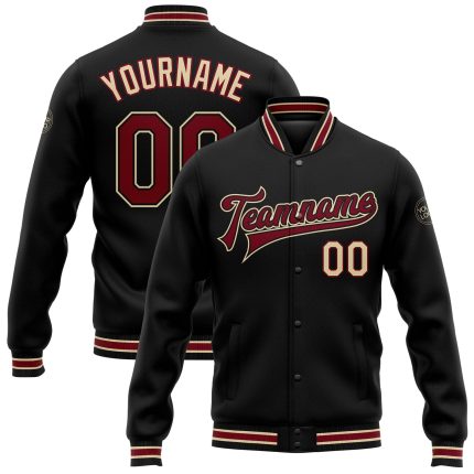 Custom Black Crimson City Varsity Letterman Jacket with Personalized Name and Number - Full Snap Cream Bomber Personalized