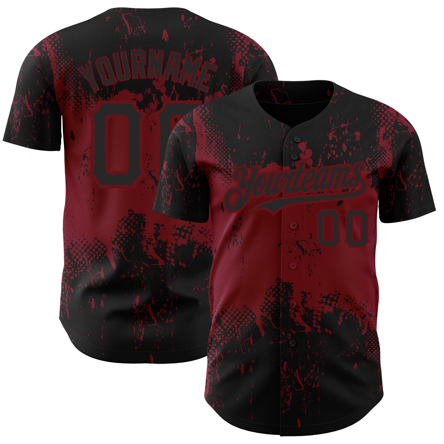 Custom Name and Number Black Crimson 3D Abstract Splatter Grunge Art Baseball Jersey - Personalized Team Apparel Personalized