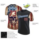 Custom American Flag Skull Performance T-Shirt - Personalized Black Crimson-Blue with Team Name and Number Personalized Black