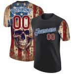 Custom American Flag Skull Performance T-Shirt - Personalized Black Crimson-Blue with Team Name and Number Personalized Black
