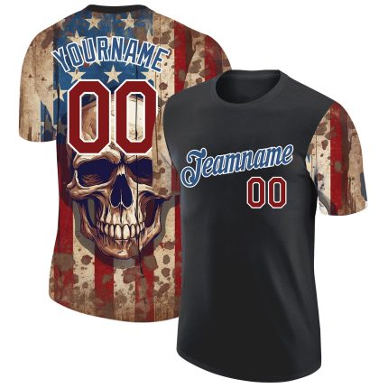 Custom American Flag Skull Performance T-Shirt - Personalized Black Crimson-Blue with Team Name and Number Personalized Black
