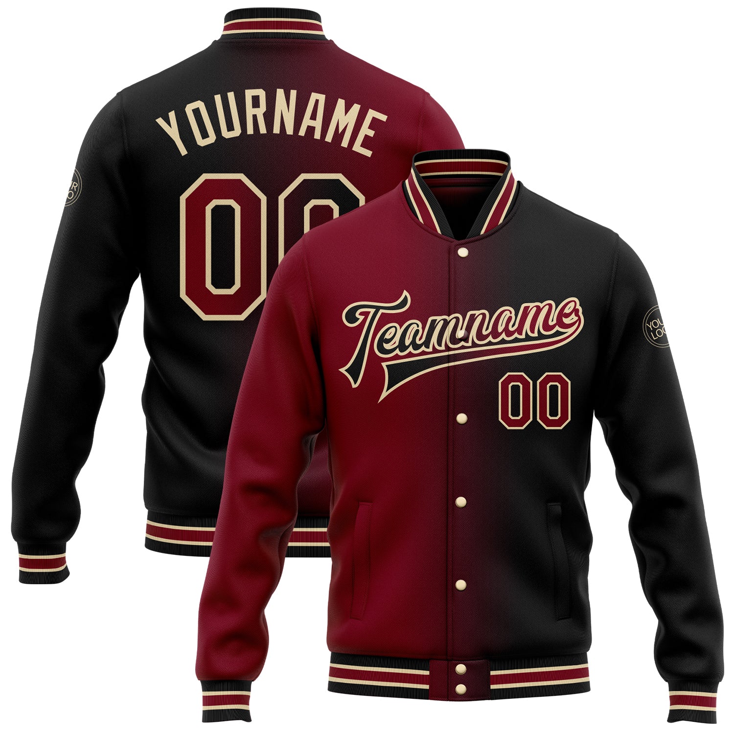 Personalized Black Crimson City Bomber Jacket Full-Snap Varsity Letterman Gradient Fashion Personalized Black Crimson-City
