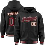 Custom Team Name Number Black Crimson Varsity Letterman Hoodie Jacket Full-Snap Bomber Personalized Black Crimson-City Cream