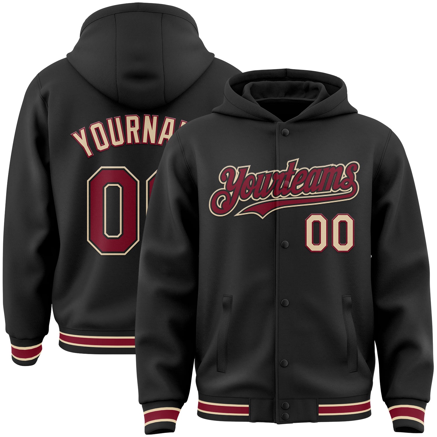 Custom Team Name Number Black Crimson Varsity Letterman Hoodie Jacket Full-Snap Bomber Personalized Black Crimson-City Cream