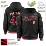 Custom Team Name Number Black Crimson Varsity Letterman Hoodie Jacket Full-Snap Bomber Personalized Black Crimson-City Cream