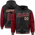 Custom Name and Number Black Crimson-City Varsity Full-Snap Hoodie Jacket Two Tone Bomber Personalized Black Crimson-City
