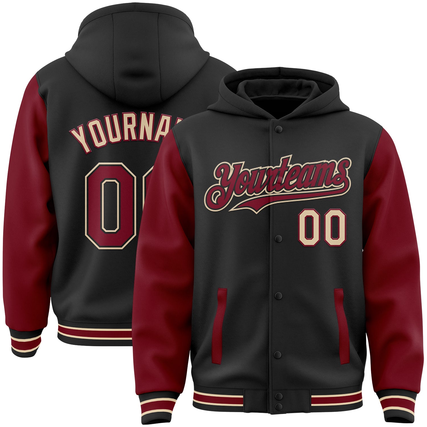 Custom Name and Number Black Crimson-City Varsity Full-Snap Hoodie Jacket Two Tone Bomber Personalized Black Crimson-City